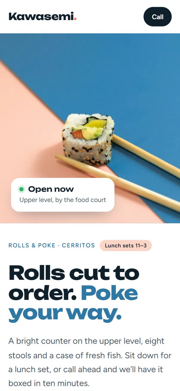 Kawasemi Sushi: 휴대폰에서 본 첫 화면